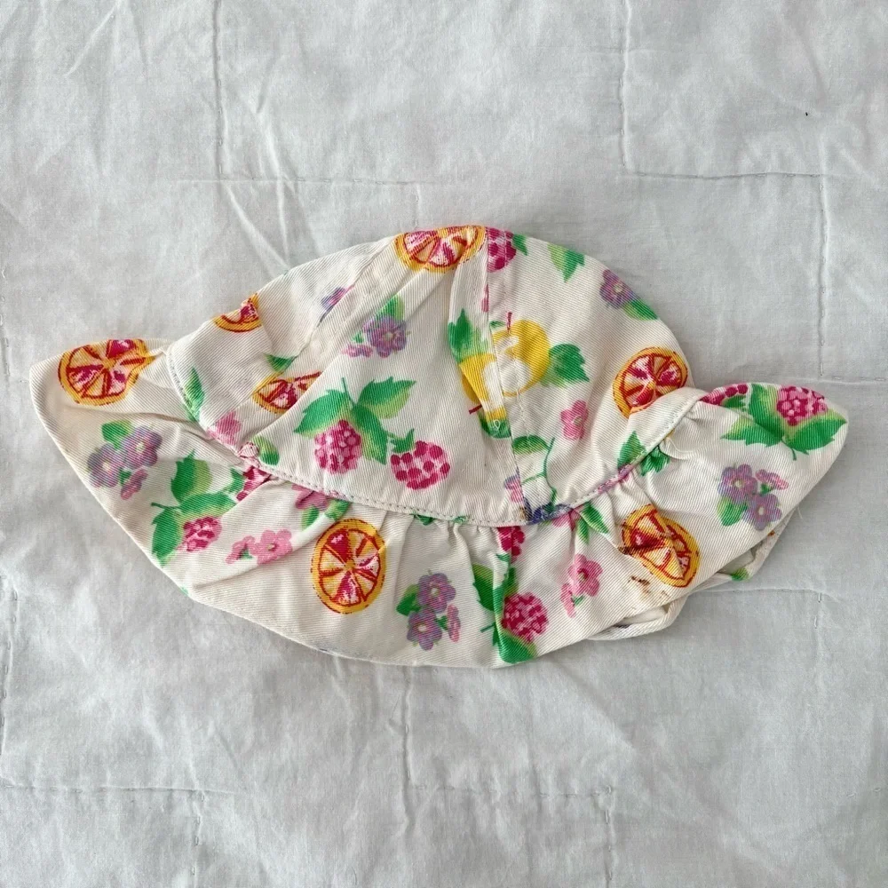 Vintage Kids Fruit Print Floral Ruffle Wide Brim Sun Hat Size 18 Months
